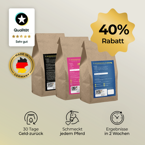 Drei braune Säcke Pferdegold® Senioren Spezial - Gelenke, Mineral, Stoffwechsel Pferdefutter mit Etiketten, 40% Rabatt, und Symbolen für Qualität, Erstattung und schnelle Ergebnisse.