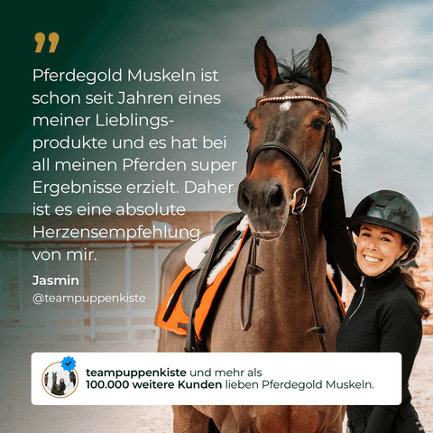 Eine Frau mit Reithelm steht lächelnd neben einem braunen Pferd auf dem Reitplatz. Beide blicken in die Kamera, die glänzenden Muskeln des Pferdes zeigen die Wirkung von Pferdegold Muskeln 2.0.