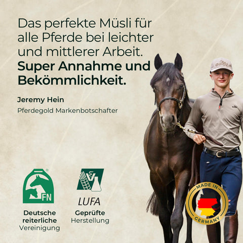 Ein Mann führt ein braunes Pferd an der Hand; der Text wirbt für 3 für 2 - Goldmüsli Kräuterglück von Pferdegold® - das hochwertige Kräutermüsli als ideales Pferdefutter. Logos und Siegel sind abgebildet.