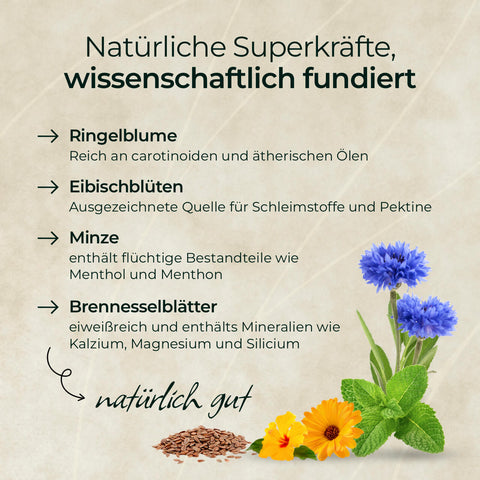 Entdecke die natürlichen Superkräfte von Ringelblume, Eibischblüten, Minze, Brennnesselblättern und Leinsamen im Pferdegold® 3 für 2 - Goldmüsli Kräuterglück für gesundes Pferdefutter.