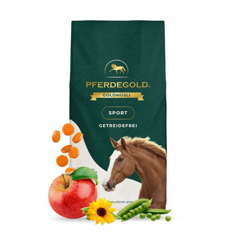 Ein Beutel Pferdegold Goldmüsli® Sport Getreidefrei mit den Abbildungen eines Apfels, einer Sonnenblume, Erbsen, Karotten und eines Pferdes.