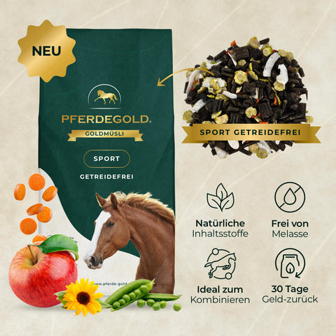 Beutel Pferdegold® 3 für 2 - Goldmüsli Sport Getreidefrei mit eiweißreichem Apfel, Karotte und Erbsen, mit Symbolen, die die wichtigsten Produktvorteile darstellen.
