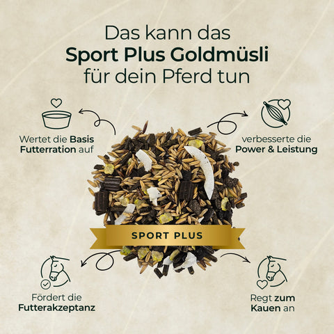 Ein Haufen Pferdegold Goldmüsli® Sport Plus wird mit Icons dargestellt, die die Vorteile für Ernährung, Akzeptanz, Kraft und Kauvermögen hervorheben.
