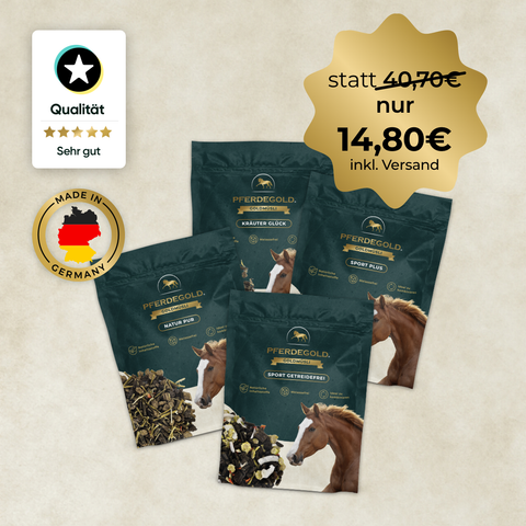 Fünf grüne Pferdegold Müsli Kennenlern-Pakete mit den Aufschriften "getreidefrei" und "zuckerfrei", einer Qualitätsplakette und einem Verkaufspreis von 14,80 € sind auf einem beigen Hintergrund abgebildet.
