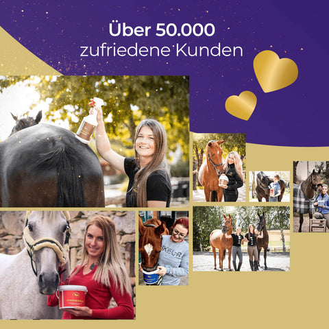 Collage von lächelnden Frauen mit Pferden und Pferdegold Nerven Produkten, mit dem Text "Über 50.000 zufriedene Kunden" und Herzsymbolen.