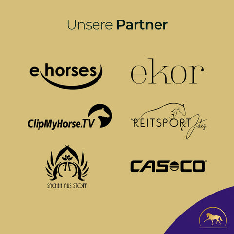 Logos unserer Partner - Pferde, ekor, ClipMyHorse.TV, Reitsport Jules, Sachen aus Stoff, Casco und Pferde Gold - bewährte Marken in der Pferdepflege und Heimat der Pferdegold Nerven Produkte.