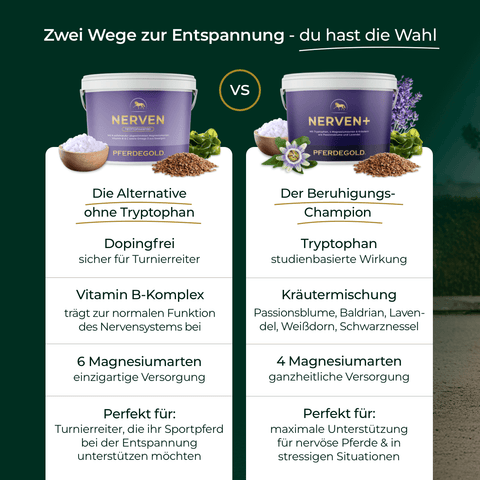 Vergleich zweier Pferdepräparate, darunter Pferdegold Nerven 2.0, mit Zutaten und Vorteilen für optimale Entspannung und Beruhigung der Nerven zur bestmöglichen Pferde Beruhigung.