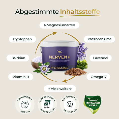 Dose Pferdegold® Nerven+ mit Tryptophan 3für2 mit den wichtigsten Inhaltsstoffen und Zertifizierungen mit entsprechenden Symbolen - ideal zur Unterstützung ruhiger, ausgeglichener Pferde im Rahmen Ihrer Pferdegold® Nerven-Routine.