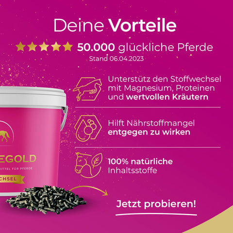 Eine rosafarbene Pferdegold Stoffwechsel-Pferdefutteranzeige zeigt einen Eimer, Pellets und einen Text, der die natürlichen Gesundheitsvorteile des Produkts hervorhebt.