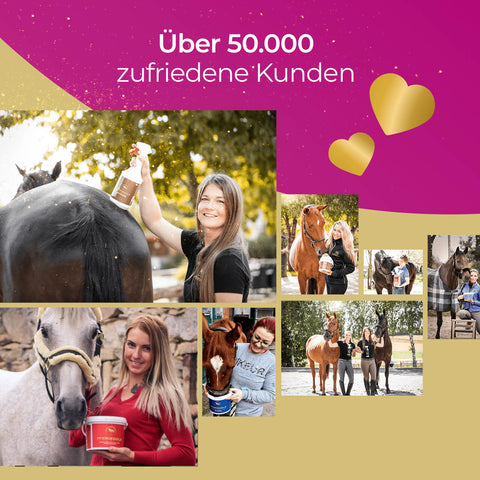Collage von glücklichen Menschen mit Pferden, die Pferdegold Stoffwechsel halten, mit dem Text: Über 50.000 zufriedene Kunden.