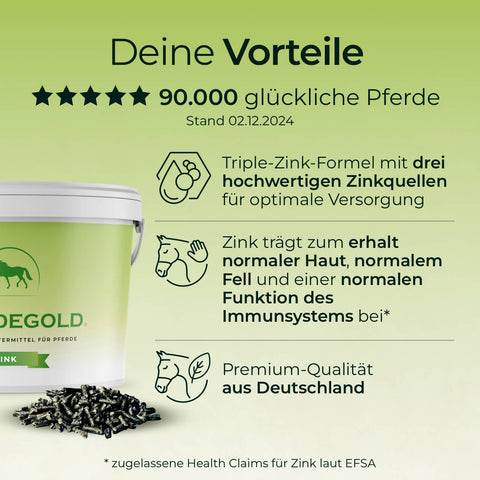 Grüner Werbebanner für Pferdegold Zink Pferdefutter mit Vorteilen, Triple-Zink-Formel, praktischen Zinkpellets und großem Eimer mit Pferde-Logo.