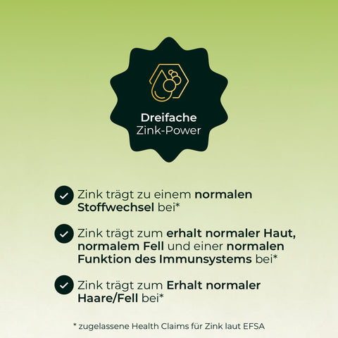 Green graphic with icon and text showcasing Pferdegold Zink’s Triple-Zink-Formel: triple benefits for skin, fur, hair, and immune system, boosted by Spirulina.