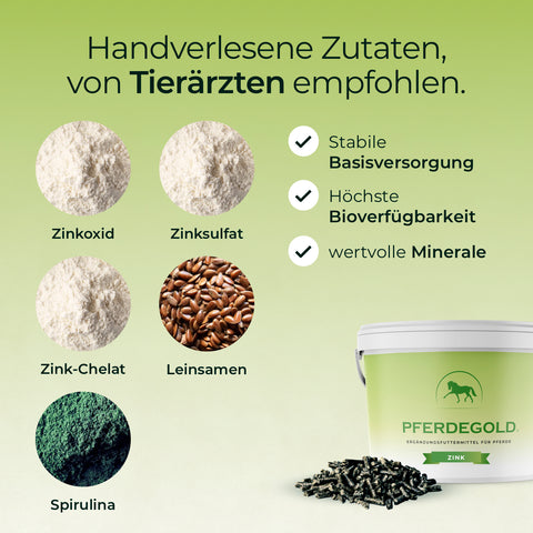 Five-ingredient Pferdegold Zink horse supplement with German text and a Zink container bottom right, highlighting Immune system support from the kraftvolle Triple-Zink-Formel and Spirulina.