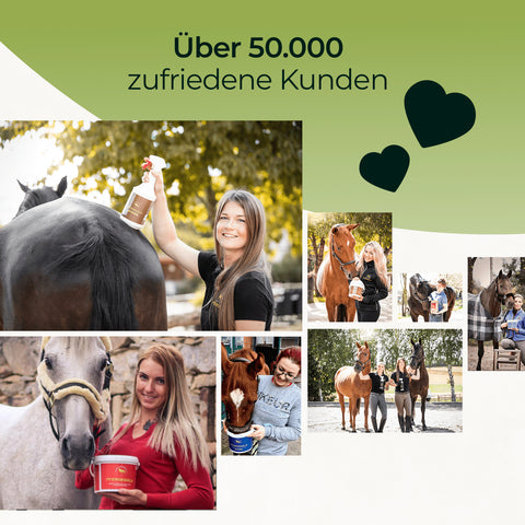 Collage of happy women with horses, holding Pferdegold Zink grooming and care products; text reads Über 50.000 zufriedene Kunden.