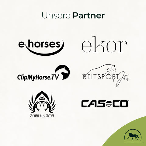 Logos of e horses, ekor, ClipMyHorse.TV, Reitsport Jules, Sachen aus Stoff, and Casco with “Unsere Partner” text – für starke Partnerschaften wie mit unserer Pferdegold Zink-Formel fürs Immunsystem.