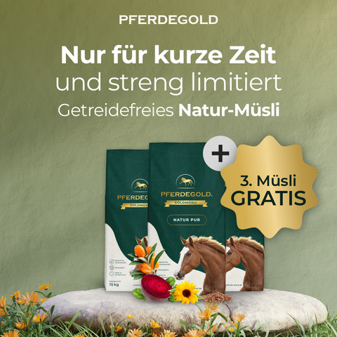 Zwei Beutel Pferdegold® 3 für 2 - Goldmüsli Natur Pur mit dem Etikett "3. Müsli GRATIS" auf grünem, blumengeschmücktem Hintergrund.