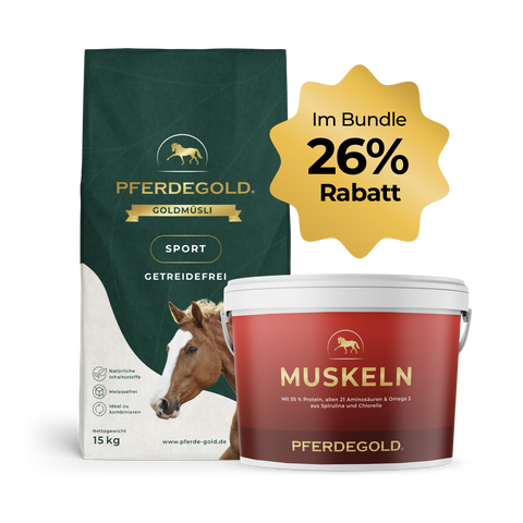 Pferdegold Sport Bundle: Muskelprotz getreidefrei (Sport Getreidefrei / Muskeln) für optimalen Muskelaufbau, jetzt mit 26% Rabatt - mit Beutel- und Wannenformaten sowie einem goldenen Sternchen, das den Bundle-Rabatt hervorhebt.