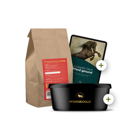 Pferdegold® Muskeln Mega-Bundle Probepackung, Futterschüssel und E-Book