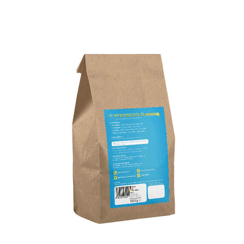 Braune Papiertüte mit blauem Etikett und weißem Text sowie einem Barcode auf der Rückseite. Enthält Pferdegold Gelenke Muschelfrei, ideal für Pferde mit empfindlichen Mägen.