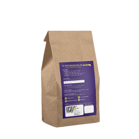 Eine braune Papiertüte mit lila Etikett und Barcode auf der Rückseite, die aufrecht steht - ideal für die Aufbewahrung von Pferdegold Nerven-Produkten.
