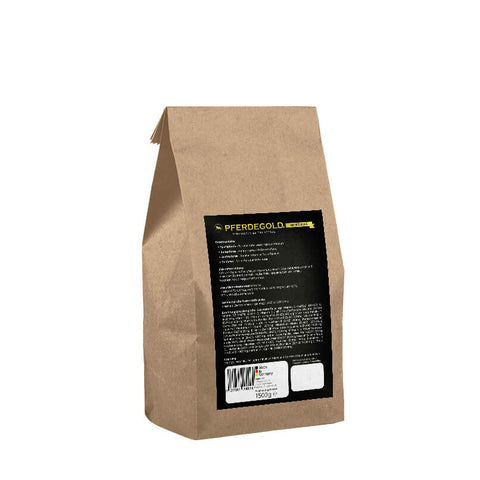 Braune Papiertüte mit einem schwarzen Pferdegold Mineral-Etikett auf der Vorderseite sowie Produkttext und Barcode auf der Rückseite.