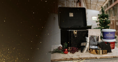 Eine schwarze Geschenkbox mit Pflegeprodukten, Bürsten und festlichen Dekorationen auf einem Holztisch neben einem kleinen Baum.