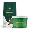 Das Pferdegold Verdauungs Bundle: BalanceFit enthält einen grünen Beutel und eine Wanne, beide mit einem Pferdebild und goldenen Logos. Diese faserreichen, getreidefreien Rezepturen sind angereichert mit Probiotika für eine optimale Pferdegesundheit.