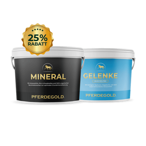 Zwei Pferdegold®-Produkte - Mineral 2.0 & Gelenke Muschelfrei - zeigen eine 25% Rabatt-Plakette. Probieren Sie diese muschelfreie Alternative für Ihr Pferd mit organischen Spurenelementen!.