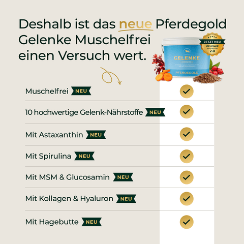 Infografik zu Pferdegold® Mineral 2.0 & Gelenke Muschelfrei: muschelfreie Rezeptur mit Astaxanthin, Kollagen und organischen Spurenelementen - die innovative Alternative für Ihr Pferd!.
