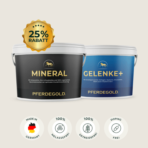 Zwei Pferdegold® Wannen - Mineral 2.0 & Gelenke+ - unterstützen Mineralien und Kollagen für Sportpferde. Ein "25% Rabatt" Abzeichen erscheint oben.
