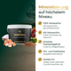 Eine Dose Pferdegold® Mineral 2.0 & Gelenke+ Ergänzungsfuttermittel für Sportpferde, abgebildet auf grünem Hintergrund mit den daneben aufgeführten Inhaltsstoffen und Vorteilen für eine optimale Mineralstoffversorgung.