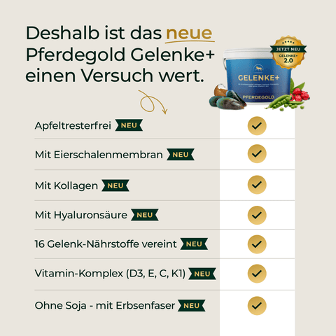Eine Produktabbildung von Pferdegold® Mineral 2.0 & Gelenke+ mit einer Checkliste der Vorteile wie Kollagen, essentielle Mineralien und sojafrei - die ideale Gelenkunterstützung für Sportpferde.