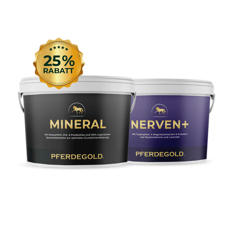 Zwei Eimer mit Pferdegold® Mineral 2.0 & Nerven+ Farbe.