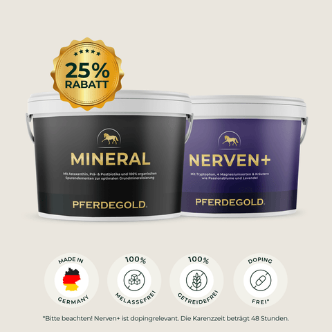 Zwei Pferdegold® Dosen mit 25% Rabatt-Badge und Produkt-Icons unten, Mineral 2.0 & Nerven+ für optimale Grundmineralisierung. Text auf Deutsch.