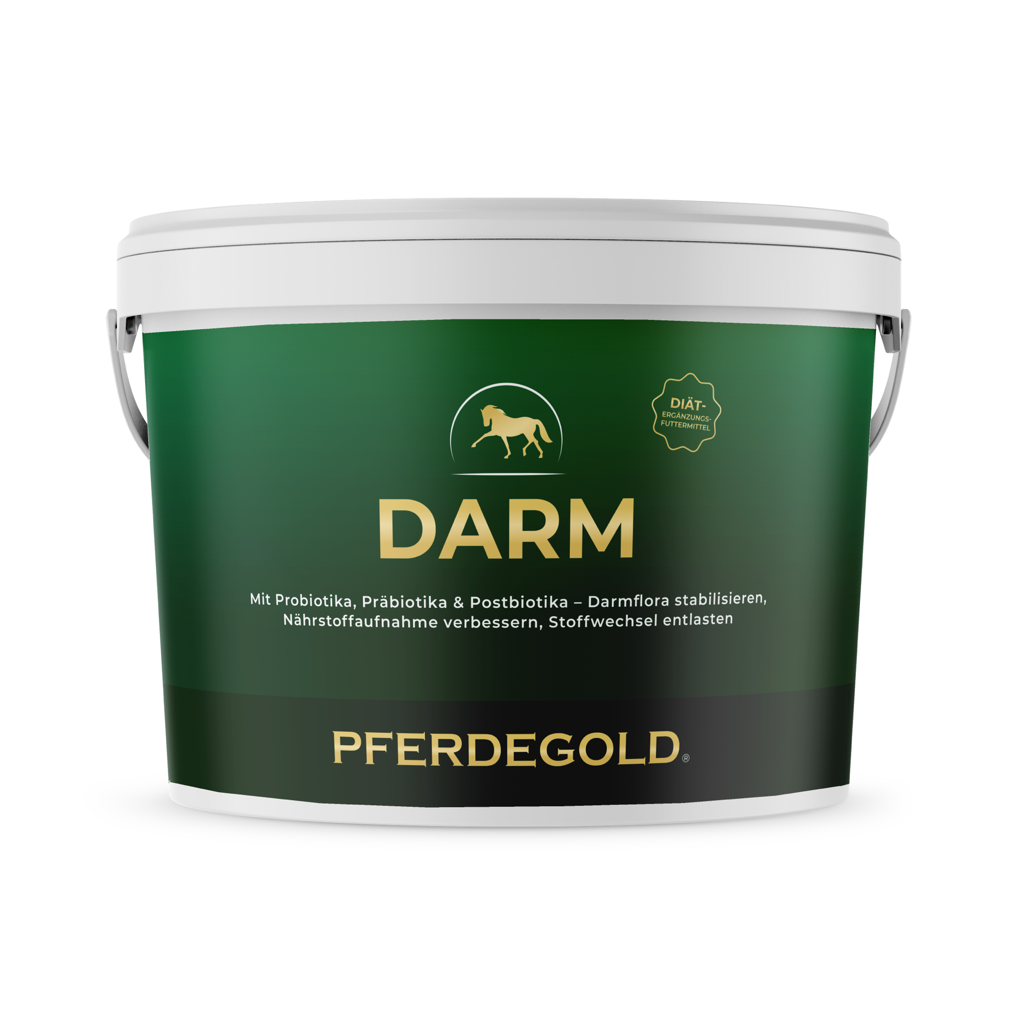 Grüner Pferdegold Darm Ergänzungsbecher für Pferde mit einem goldenen Pferdelogo und deutschem Text auf dem Etikett.