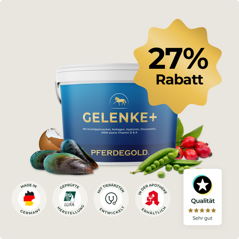 Ein blauer Pferdegold® Gelenke+ 27% Becher mit Rabatt-Plakette, hergestellt aus natürlichen Zutaten und reich an Omega 3 für eine optimale Ernährung und Beweglichkeit der Gelenke.