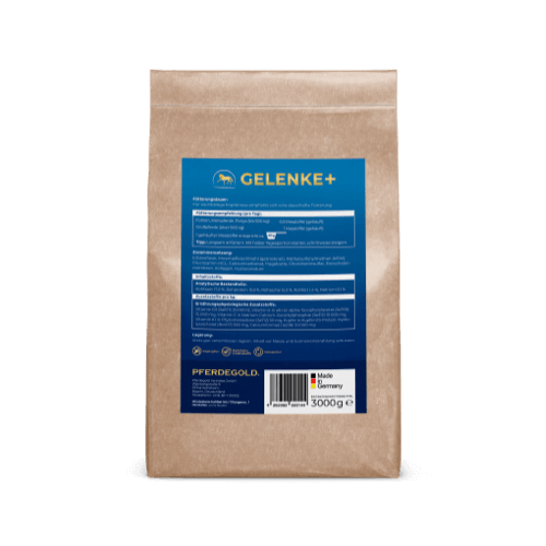 Braune Papiertüte mit blauem Etikett mit der Aufschrift Gelenke+ by Pferdegold, mit Produktangaben für Pferde, 3000g.
