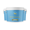 Abgebildet sind drei blaue Pferdegold®-Eimer (3 für 2 - Gelenke Muschelfrei) für Pferde, die gelenkschonend und für empfindliche Mägen geeignet sind, auf weißem Hintergrund.