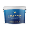 Blau-weißer Pferdegold® 3 für 2 - Gelenke+-Behälter mit Pferdelogo und deutschem Text, der auf die bewährte Pferde-Ergänzungsmarke für Gelenkgesundheit hinweist.