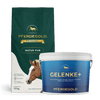 Ein Pferdegold Senioren Bundle: Gelenkstark, bestehend aus einem 15kg Futtersack und einer getreidefreien Gelenke+ Ergänzung mit Omega 3, steht nebeneinander.
