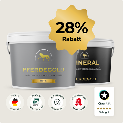 Zwei Dosen Pferdegold® Huf-Fundament sind mit einem goldenen 28-Prozent-Rabatt-Siegel und den unten abgebildeten Qualitätszertifikatssymbolen versehen – ideal als Nahrungsergänzungsmittel für die Hufe mit wichtigen Mineralstoffen wie Zink und Biotin.