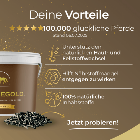 Pferdegold® Herbst Reset – ein brauner Futterscheffel mit Pellets – enthält wertvolle natürliche Inhaltsstoffe, die die Hautgesundheit Ihres Pferdes unterstützen und es während des Fellwechsels und im Herbstmodus mit wichtigen Nährstoffen versorgen.