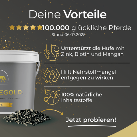 Der Pferdegold® Herbst Reset-Futtereimer und die Pellets, auf denen in deutscher Sprache die natürlichen gesundheitlichen Vorteile aufgeführt sind und mit der Aussage „100.000 glückliche Pferde“ geworben wird, heben die optimalen Nährstoffe für den Fellwechsel und den Herbstmodus hervor.