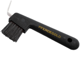 Der Gratis Hufauskratzer von Pferdegold® ist eine schwarze Hufreinigungsbürste mit einem gebogenen Metallpickel und dem Schriftzug "Pferdegold®" in Gold auf dem Griff.
