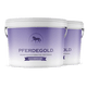 Zwei Pferdegold Magnesium Wannen für Pferde, nebeneinander in weiß und lila - ideal zur Förderung der Ausdauer und der Muskelregeneration.