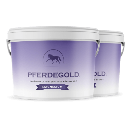 Zwei Pferdegold Magnesium Wannen für Pferde, nebeneinander in weiß und lila - ideal zur Förderung der Ausdauer und der Muskelregeneration.
