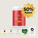 Roter 750g Zylinder Pferdegold® 50% Muskeln 1.0 mit 50% Rabatt-Plakette, sowie Qualitäts-, Herkunfts- und Auszeichnungssymbolen - ideal für Ausdauer und Muskelaufbau mit pflanzlichen Proteinen.