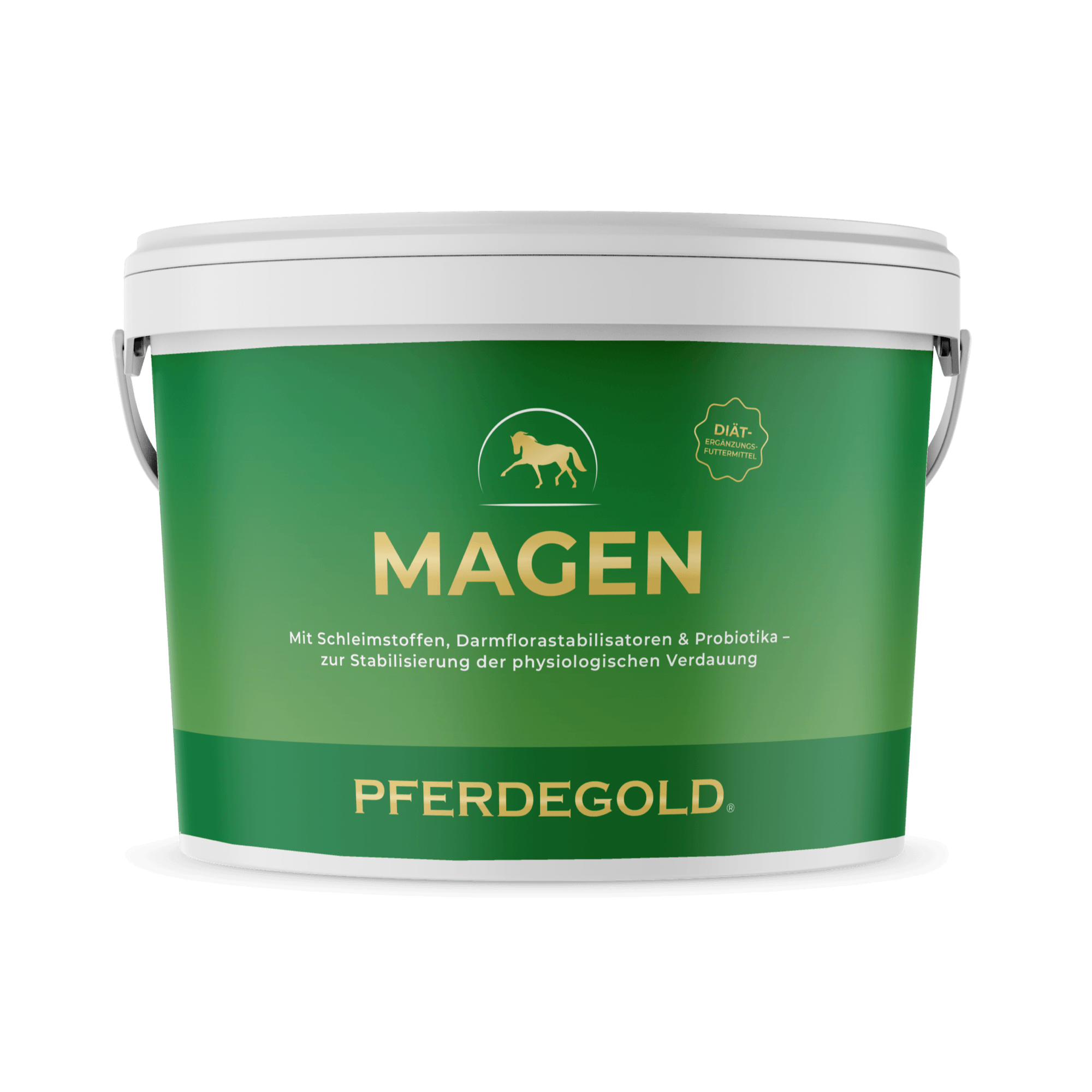 Der Pferdegold Magen Behälter für Pferde hat einen weißen Deckel und Griff, zeigt Produkt- und Markentext und ist ein Premium Pferde Supplement zur Unterstützung der Magengesundheit von Pferden.