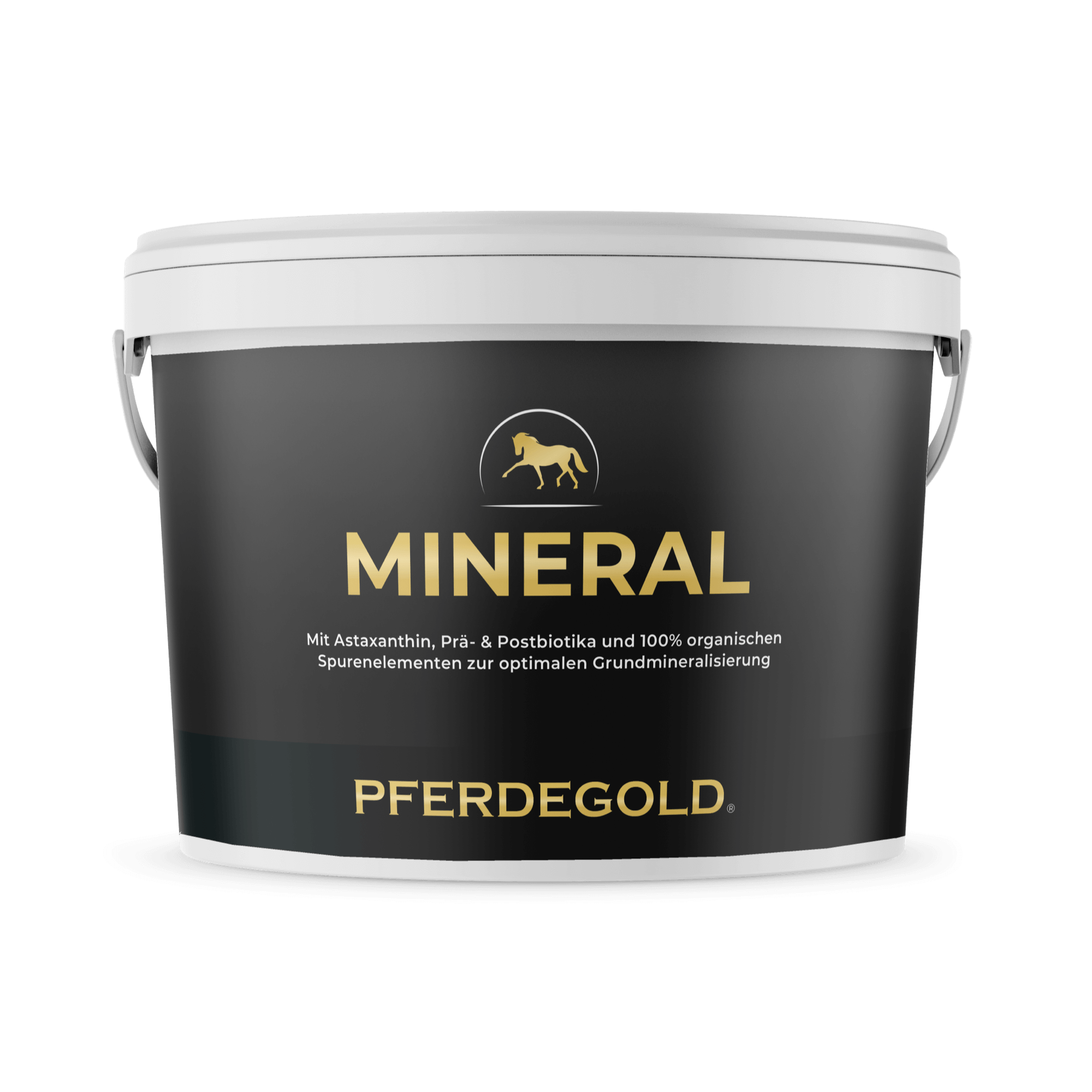 Weiße Kunststoffwanne mit der Aufschrift Mineral 2.0 von Pferdegold, mit goldenem Pferdelogo auf schwarzem Hintergrund. Ideal als hochwertiges Mineralfutter für Ihr Pferd.