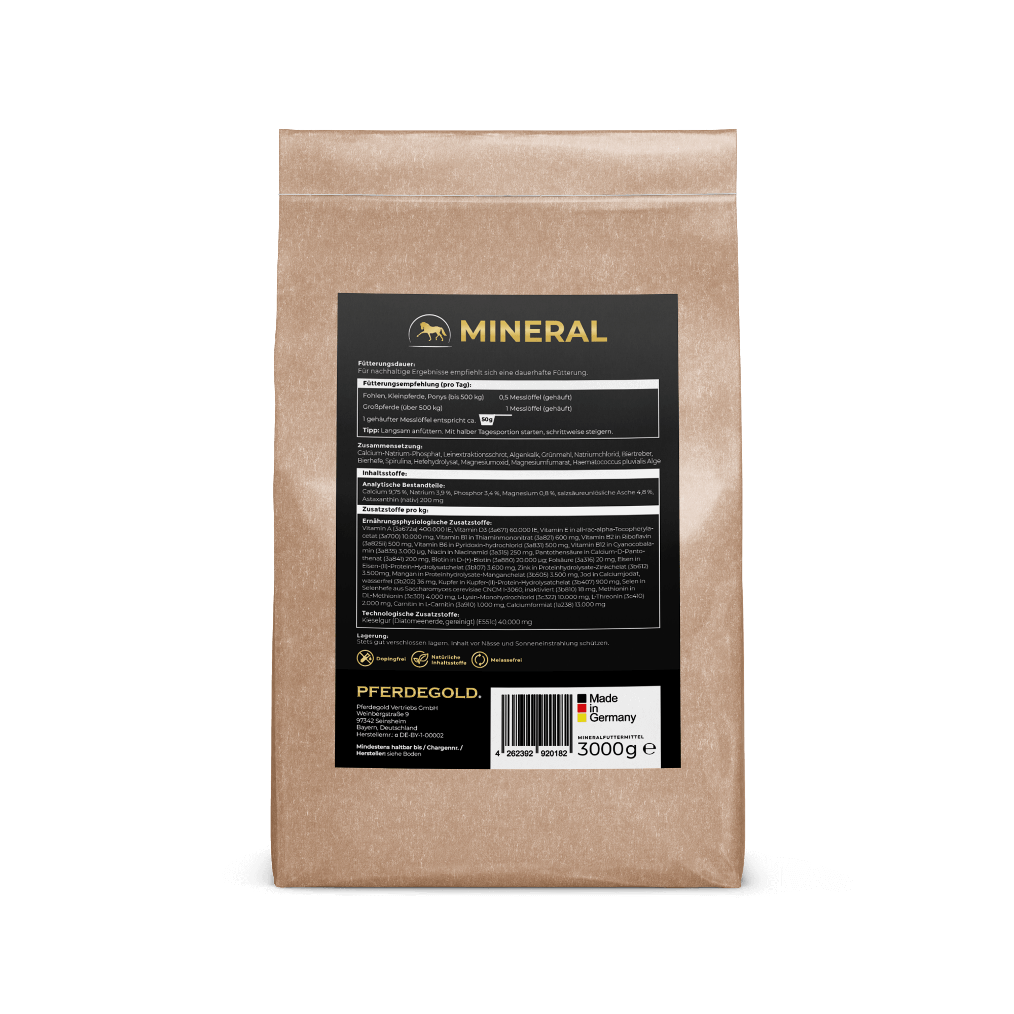 Brauner Beutel mit der Aufschrift MINERAL 2.0 (3kg) von Pferdegold, mit deutschem Text und schwarzem Etikett; dieses Mineralfutterprodukt wird in Deutschland hergestellt.